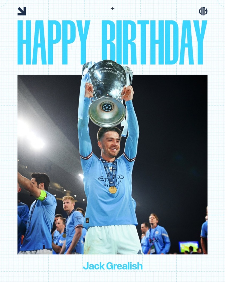 官方入口-曼城祝格拉利什30岁生日快乐，球员为蓝月出战157场17球23助